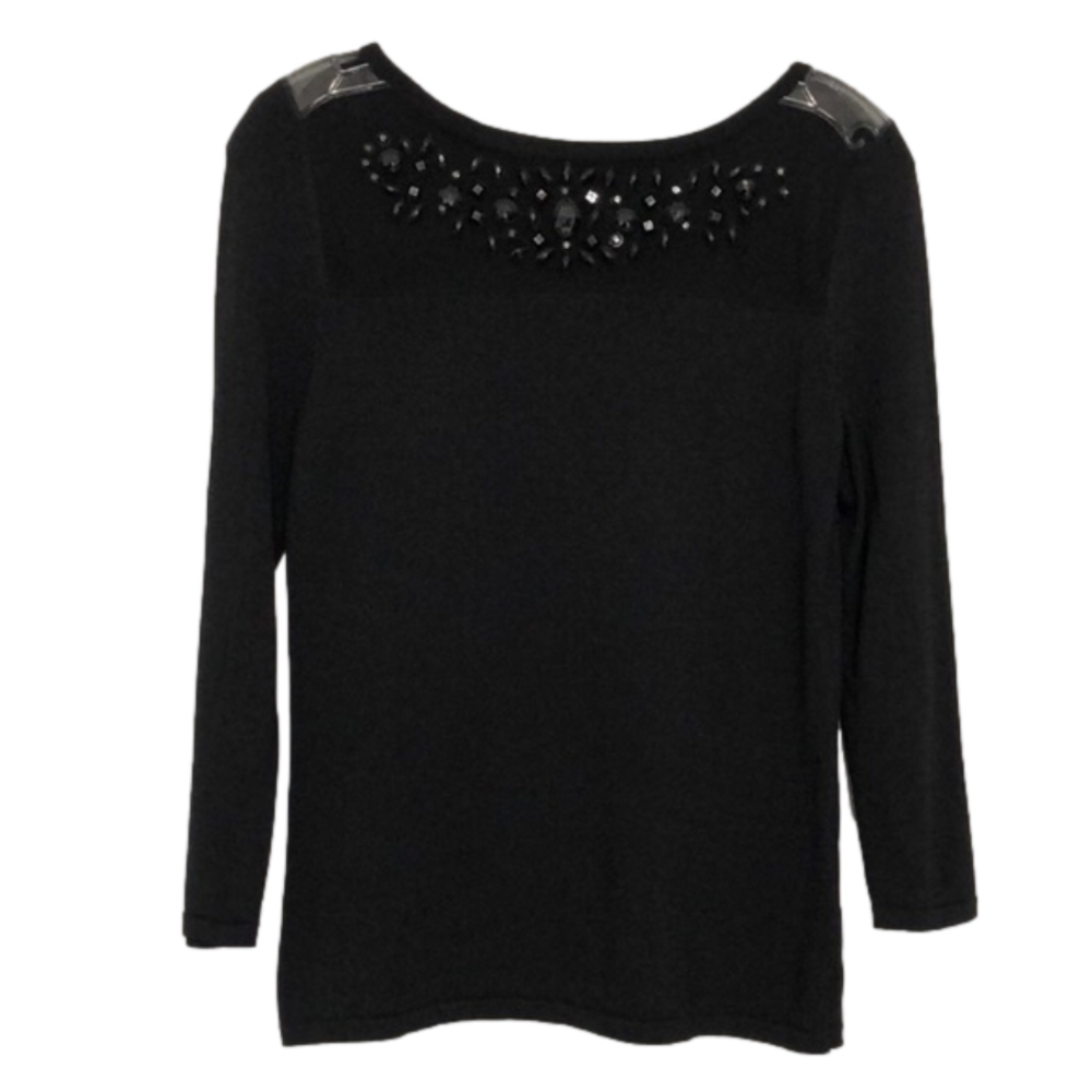 Macy’s Brand Dressy Holiday Sweater w/Beading on Illusion Yoke Black Size Small